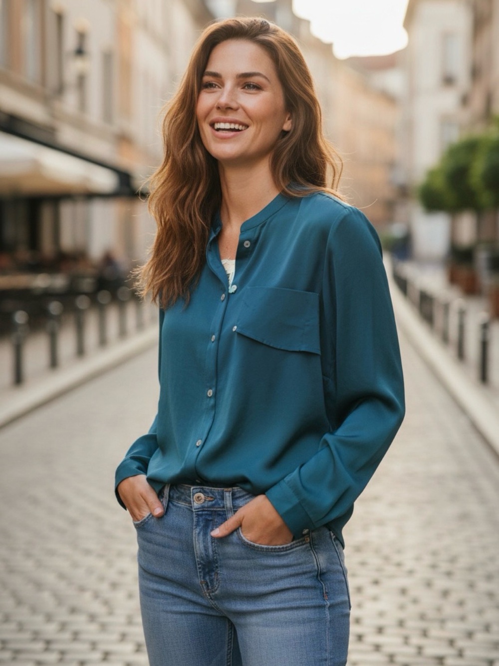 NWT Stitch Fix NSR Teal‎ Blue Button Front Blouse Shirt Sz Small Business Office